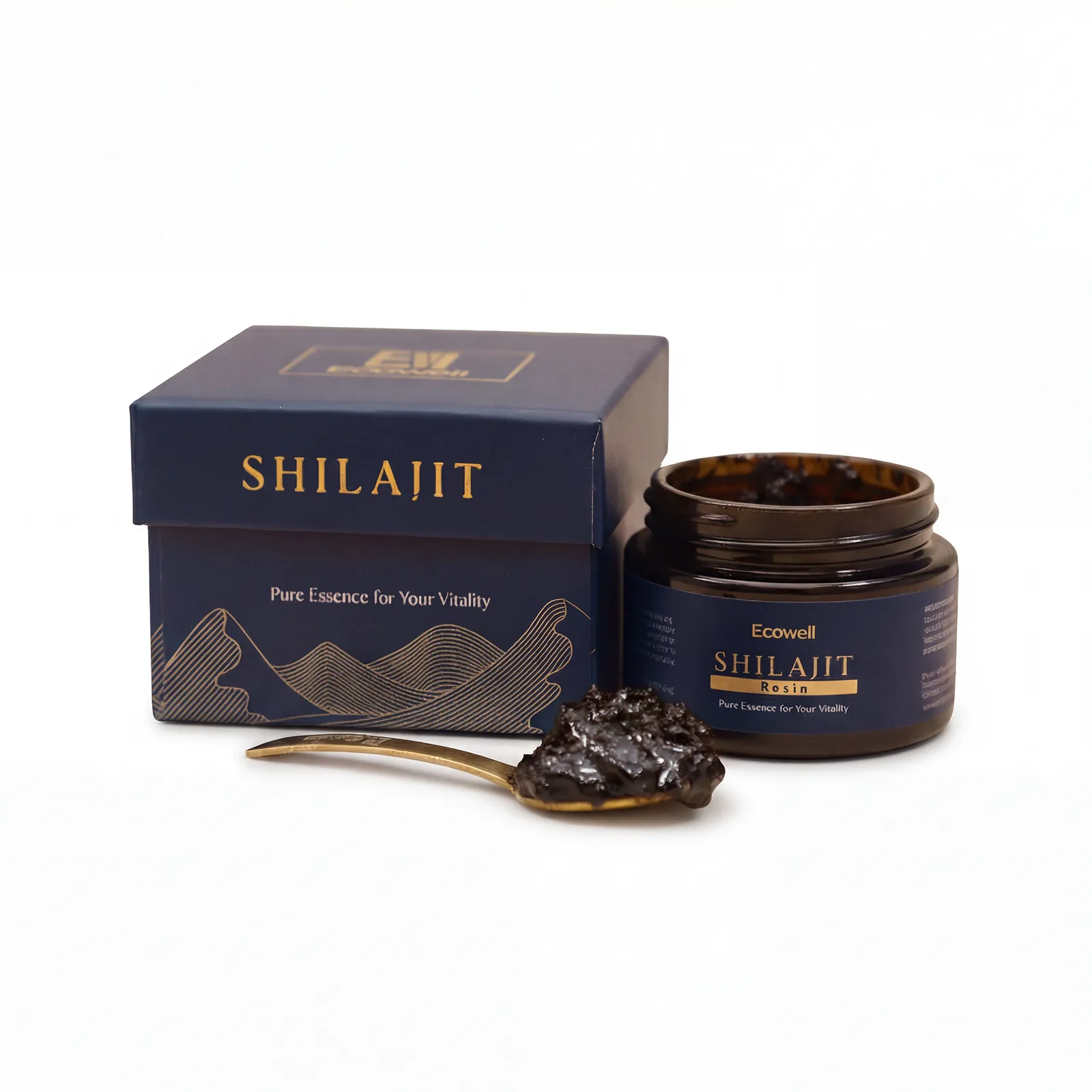 Shilajit Resin Black Box and Open Jar with Gold Spoon